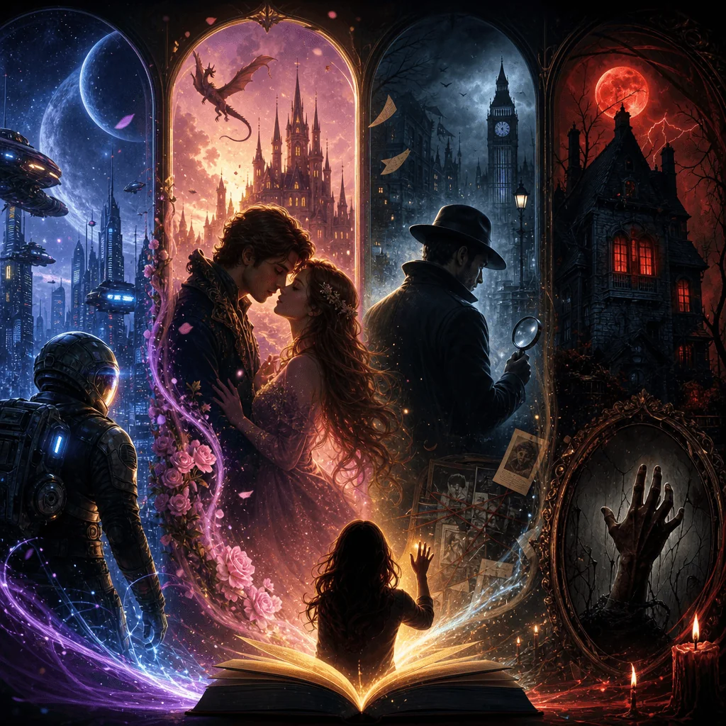 A cinematic open book revealing sci-fi, romance, mystery, and horror story worlds.